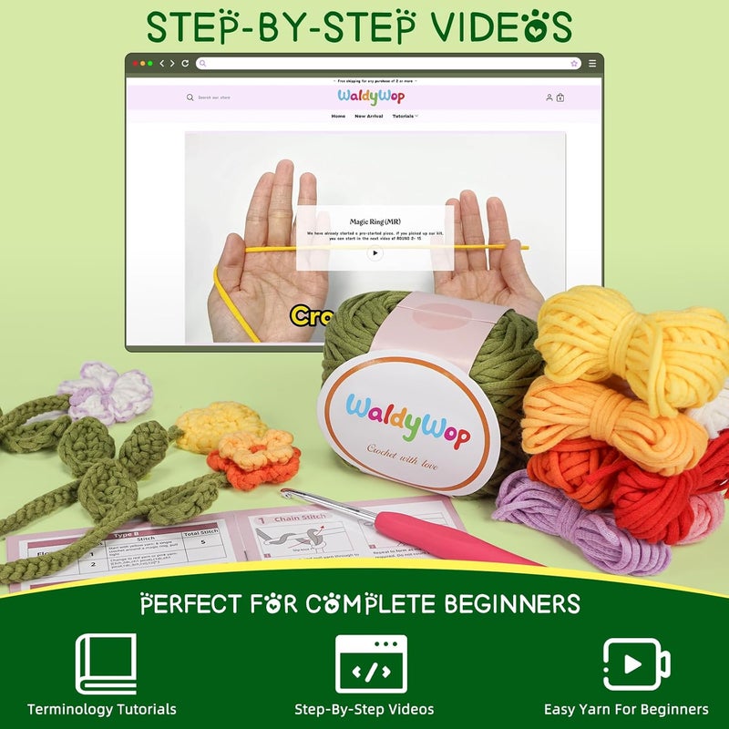 WaldyWop Crochet Kit for Beginners - 8 Flower Bookmarks Knitting Kit w/Step-by-Step Video Tutorials & Soft Yarn, Hook - Wobbles DIY Art Craft Kit for Adults, Birthday Gifts for Women Teen - Image 4
